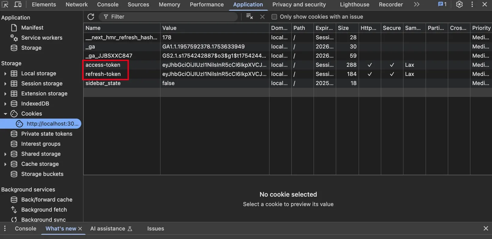 Browser developer tools showing access-token and refresh-token cookies with HttpOnly and Secure flags set.
