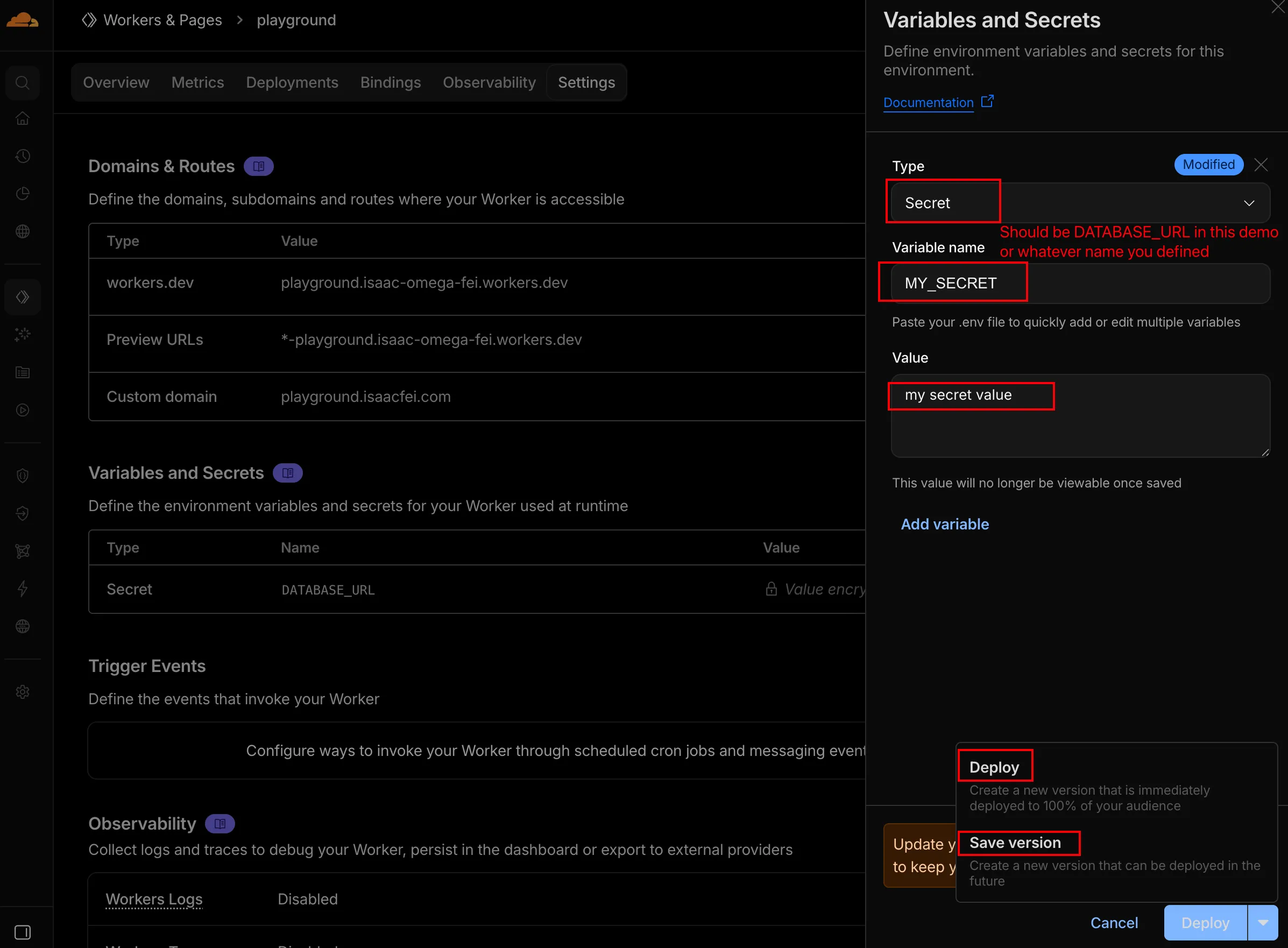 Adding the DATABASE_URL secret