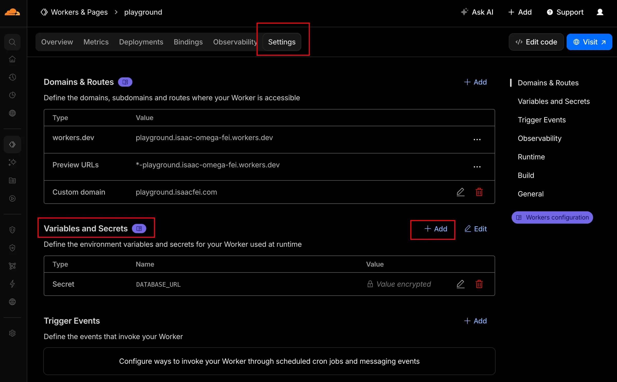 Cloudflare Worker Settings page, Variables and Secrets section