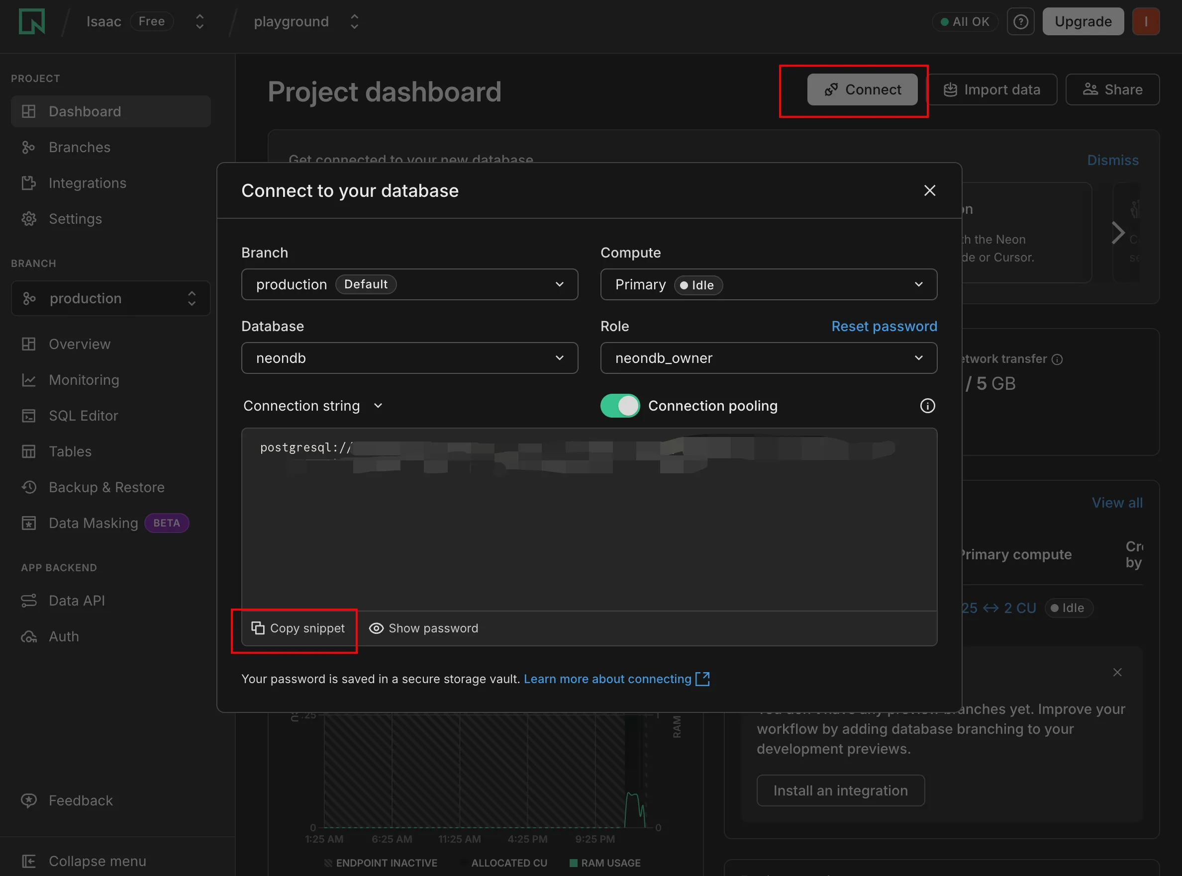 Neon "Connect" modal with connection string